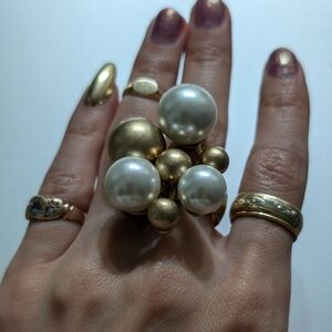 Elegant Brushed Gold and Pearl Cluster Ring Huge Chunky Cocktail Brass Costume